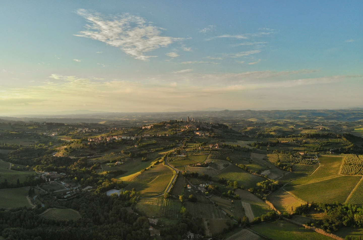 Torri storiche in pietra si ergono in un paesaggio collinare di vigneti.